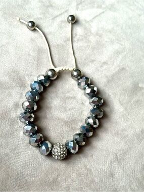 Adjustable Pull Tie Iridescent Hematite Beaded Bracelet with Pave Accent
